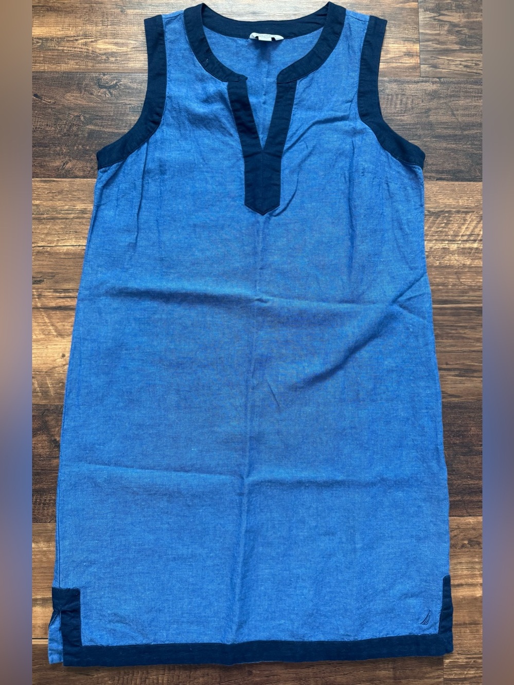 Nautica Blue Sleeveless Shift Dress with Navy Trim 55/45 linen/cotton blend